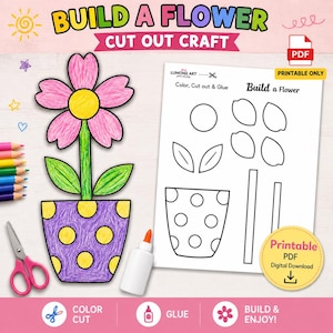 Build a Flower Craft Printable  | Spring Cut and Paste Activity for Kids, Preschool Flower Pot Craft, PDF Download
