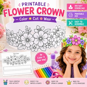 May include: A printable flower crown craft kit featuring a black and white floral outline design on a paper band. The set includes a template sheet, colored pencils, and a glue stick. The text reads Printable Flower Crown Color Cut Wear.