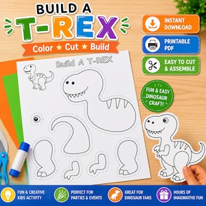 Dinosaur Cut and Paste Craft Bundle  | Build a Dinosaur Printable Activity, Color Cut Glue PDF, Preschool Fine Motor Skills