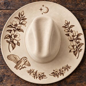 Owl and Magnolia Cowboy Hat Brim SVG, Detailed Laser Engraving Design, 15.5x14.5 Inch PDF PNG Jpeg