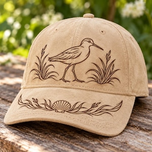 Può includere: Un cappellino da baseball color marrone chiaro con un disegno inciso al laser marrone scuro raffigurante un uccello costiero tra due ciuffi d'erba, e un motivo decorativo di una conchiglia e alghe sulla visiera curva.
