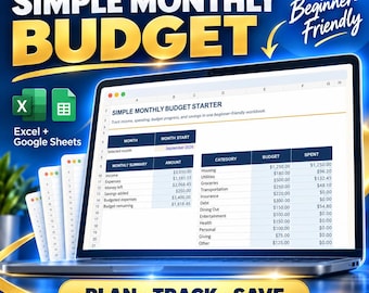 Simple Monthly Budget Spreadsheet, Excel Google Sheets Budget Planner, Beginner Expense and Savings Tracker