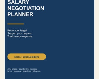 Salary Negotiation Planner, Counteroffer Tracker, Pay Raise Workbook (Excel/Google Sheets)