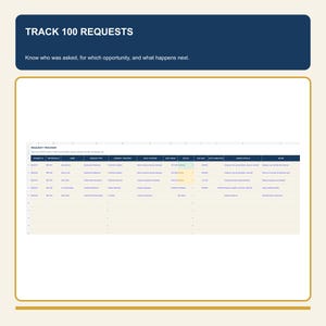 May include: A digital request tracker spreadsheet template with a dark blue header labelled TRACK 100 REQUESTS. The table includes columns for Request ID, Reference ID, Name, Request Type, Company, Role, Date Asked, Status, Due Date, Date Completed, Shared Details, and Notes.