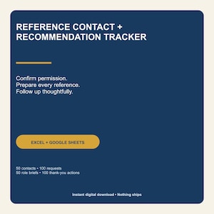 Op de afbeelding: Een donkerblauw digitaal trackingsjabloon getiteld REFERENCE CONTACT + RECOMMENDATION TRACKER. Het bevat tekstinstructies om toestemming te bevestigen, referenties voor te bereiden en op te volgen. Voorzien van een EXCEL + GOOGLE SHEETS knop en een lijst met 50 contacten, 100 verzoeken, 50 functieomschrijvingen en 100 bedankacties.
