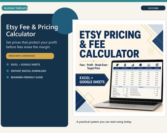 Etsy Fee Calculator Spreadsheet | Pricing, Profit Margin and Break Even Tool | Excel Google Sheets