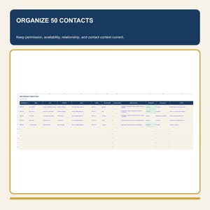 May include: A digital spreadsheet template titled REFERENCE DIRECTORY with columns for reference ID, name, title, company, email, phone, relationship, years known, work context, permission, availability, and notes, organised to manage 50 contacts.