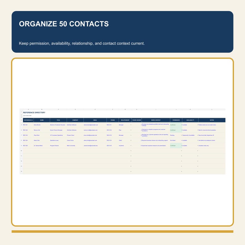 May include: A digital spreadsheet template titled REFERENCE DIRECTORY with columns for reference ID, name, title, company, email, phone, relationship, years known, work context, permission, availability, and notes, organised to manage 50 contacts.