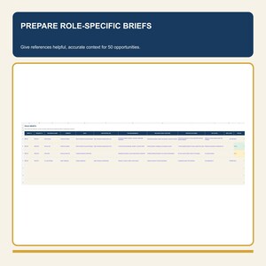 May include: A digital spreadsheet titled ROLE BRIEFS with columns for ID, Project, Reference Name, Company, Role, Job Posting URL, Key Requirements, Delivery Work Features, Desired Outcomes, Key Notes, Due Date, and Status, set against a dark blue header.