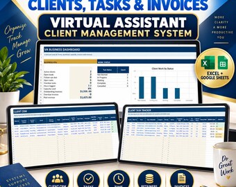 Virtual Assistant Client Management Spreadsheet | CRM, Task, Time, Retainer & Invoice Tracker | Excel Google Sheets