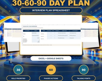 30-60-90 Day Interview Plan Spreadsheet | Manager Interview Prep | Excel Google Sheets