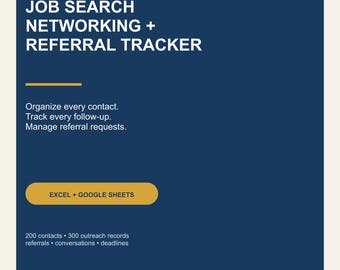 Job Search Networking Tracker, Referral and Outreach Spreadsheet, Career Contact Organizer, Excel Google Sheets