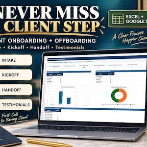May include: A laptop displaying a client lifecycle dashboard for Excel and Google Sheets. The screen shows onboarding and offboarding status charts. Text includes NEVER MISS A CLIENT STEP, INTAKE, KICKOFF, HANDOFF, and TESTIMONIALS.