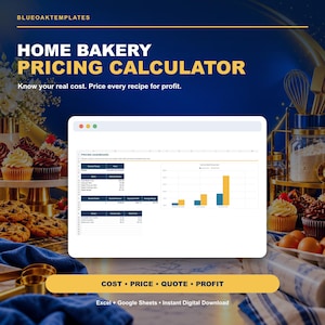 Puede incluir: Una plantilla digital de calculadora de precios para repostería casera para Excel y Google Sheets. La interfaz muestra un panel de control de precios con tablas para costos de recetas, márgenes de beneficio y un gráfico de barras.