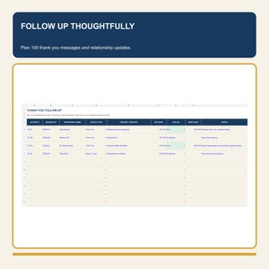 May include: A digital spreadsheet titled THANK-YOU FOLLOW-UP with columns for Action ID, Request ID, Reference Name, Action Type, Trigger/Context, Due Date, Status, Sent Date, and Notes. The header text reads FOLLOW UP THOUGHTFULLY.