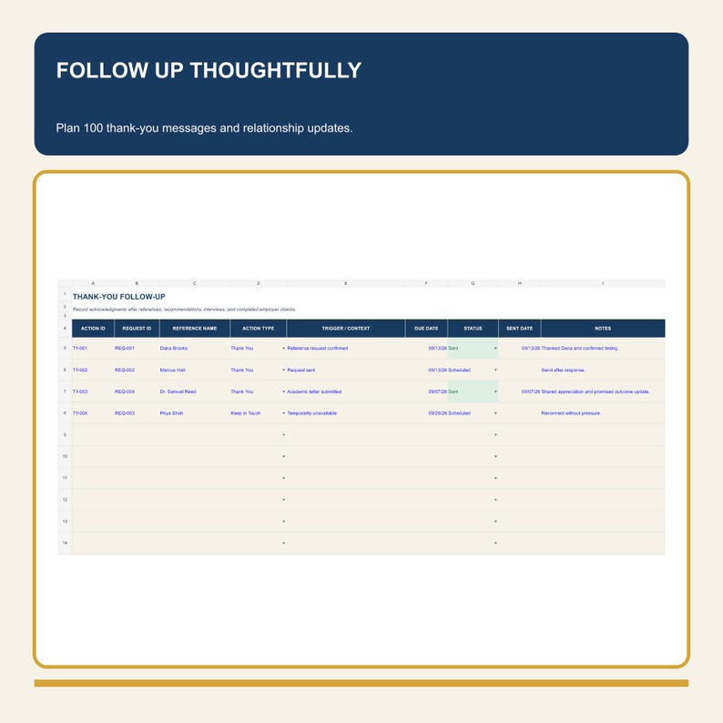 May include: A digital spreadsheet titled THANK-YOU FOLLOW-UP with columns for Action ID, Request ID, Reference Name, Action Type, Trigger/Context, Due Date, Status, Sent Date, and Notes. The header text reads FOLLOW UP THOUGHTFULLY.