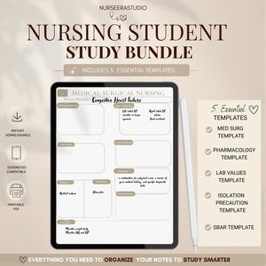 May include: A digital tablet displaying a medical-surgical nursing study template with handwritten notes on congestive heart failure. The screen shows sections for pathology, symptoms, risk factors, and treatment. A white stylus rests beside the tablet.