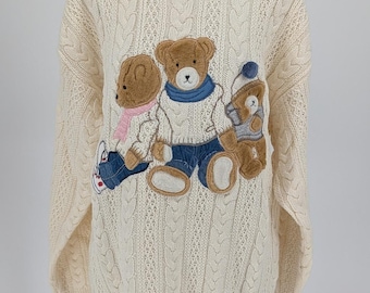 Vintage 90s Together Teddy Bear Cable Knit Sweater Women's L Ivory Wool Blend