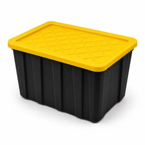 May include: A rectangular storage bin with a black base and a bright yellow lid. The base features vertical ribbed walls for structural support, while the lid has a raised diamond-patterned texture across its surface for added grip and durability.