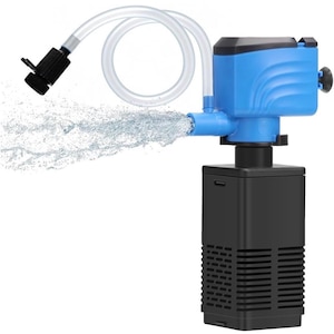 May include: A blue and black aquarium water pump with a vertical filter housing. The device features a clear plastic tubing attachment and a nozzle emitting a spray of water. The pump has a rectangular base with slotted vents for water intake.