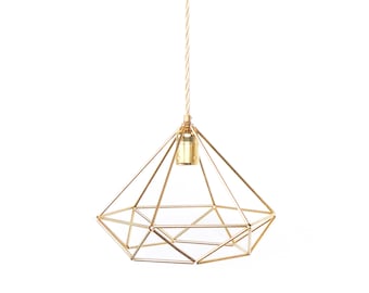 Brass diamond pendant light fixture - Geometric cage lamp shade - Modern hanging metal ceiling light shade - kitchen lighting - Cl.Diamond