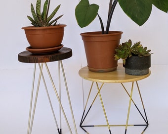 Reclaimed wood Geometric Side Brass Legs | Table Coffee table | Round minimalistic Plant stand