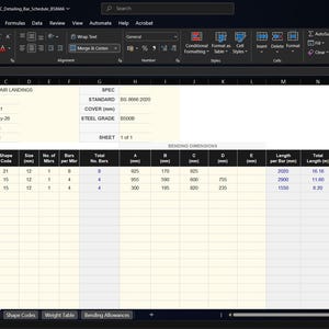 Puede incluir: Una captura de pantalla de una hoja de cálculo de Excel que detalla un programa de barras para un proyecto de construcción. La hoja de cálculo incluye columnas para marcas de miembros, marcas de barras, códigos de forma, dimensiones y dimensiones de flexión.