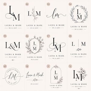 Puede incluir: Gráfico beige con 12 estilos de logotipos de boda con iniciales y nombres. Los logotipos incluyen diseños florales, monogramas y varias fuentes. El texto incluye "Choose Your Wedding Logo Style" y "Laura & Mark" con una fecha. Perfecto para monogramas de boda, invitaciones y señalización.