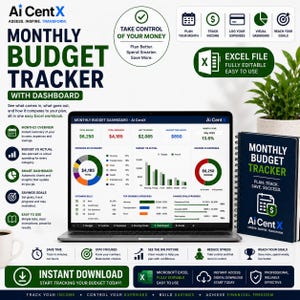 May include: A digital monthly budget tracker by Ai CentX displayed on a laptop screen, featuring a dashboard with charts, income, and expense data. A spiral-bound notebook titled Monthly Budget Tracker is positioned next to the laptop.