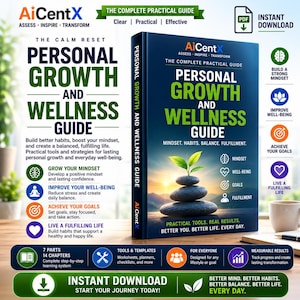 May include: A digital book titled Personal Growth and Wellness Guide by AiCentX. The cover features a stack of dark stones with a small green plant on top against a sunrise background. Text includes Mindset, Habits, Balance, and Fulfillment.