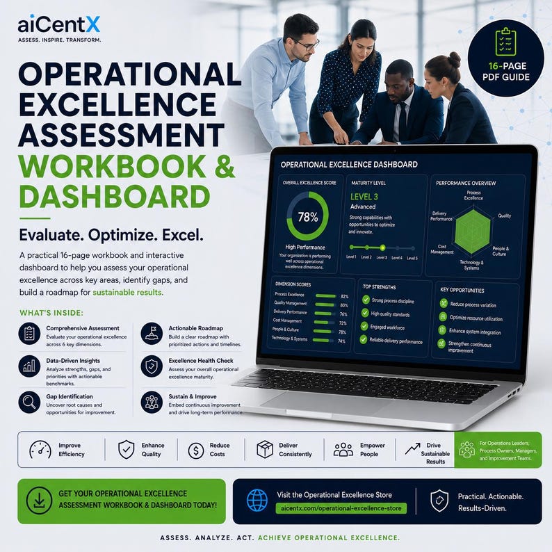 May include: A digital marketing graphic for an Operational Excellence Assessment Workbook and Dashboard. The image features a laptop displaying a performance dashboard, text detailing a 16-page PDF guide, and a list of assessment features.