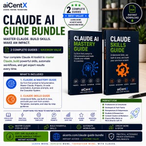 Può includere: Un pacchetto di guide digitali Claude AI che include due libri intitolati Claude AI Mastery Guide e Claude Skills Guide. Le copertine sono blu scuro con testo bianco e verde, icone di un cervello blu e un ingranaggio arancione.