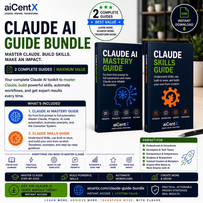 May include: A digital Claude AI guide bundle featuring two books titled Claude AI Mastery Guide and Claude Skills Guide. The covers are dark blue with white and green text, featuring blue brain and orange gear icons, plus a PDF instant download icon.