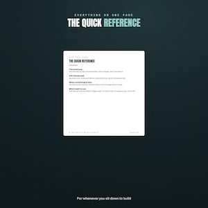 May include: A white rectangular reference sheet titled THE QUICK REFERENCE with black text on a dark background. It outlines instructions for the build loop, asking Claude, troubleshooting, and choosing paths for projects, including Claude Code.