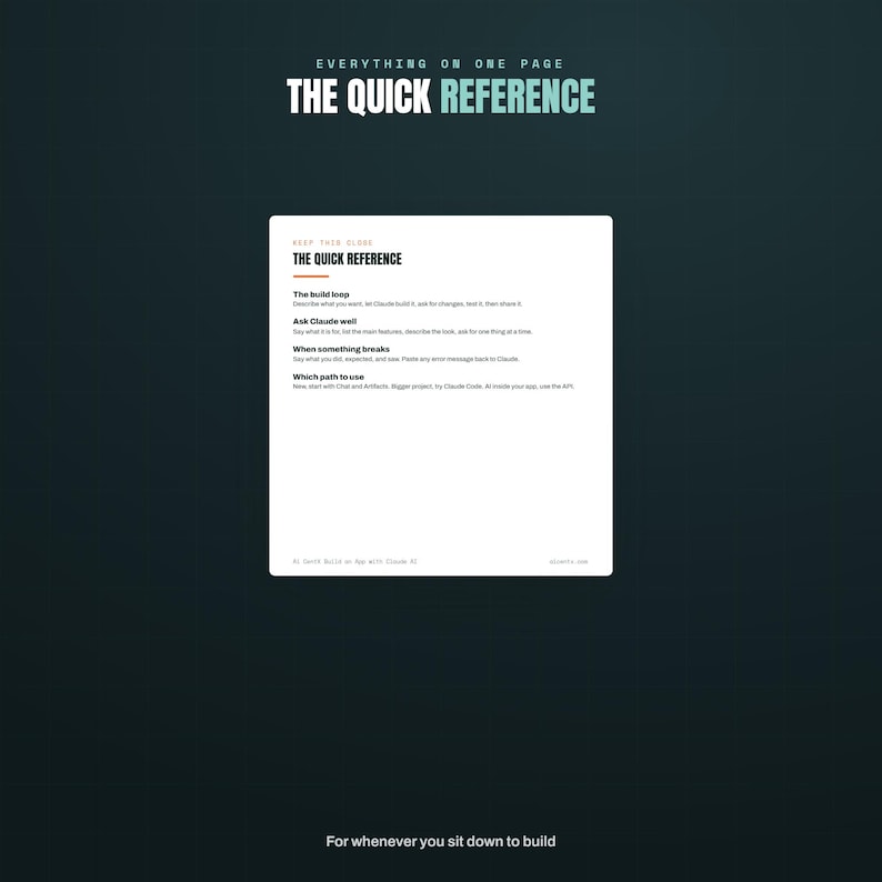 May include: A white rectangular reference sheet titled THE QUICK REFERENCE with black text on a dark background. It outlines instructions for the build loop, asking Claude, troubleshooting, and choosing paths for projects, including Claude Code.