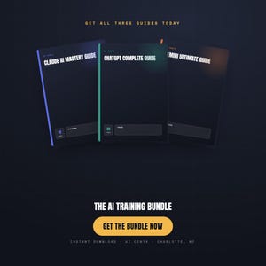 May include: Three digital guide covers titled Claude AI Mastery Guide, ChatGPT Complete Guide, and Gemini Ultimate Guide. Below them, a yellow button displays the text Get The Bundle Now, with the heading The AI Training Bundle above it.
