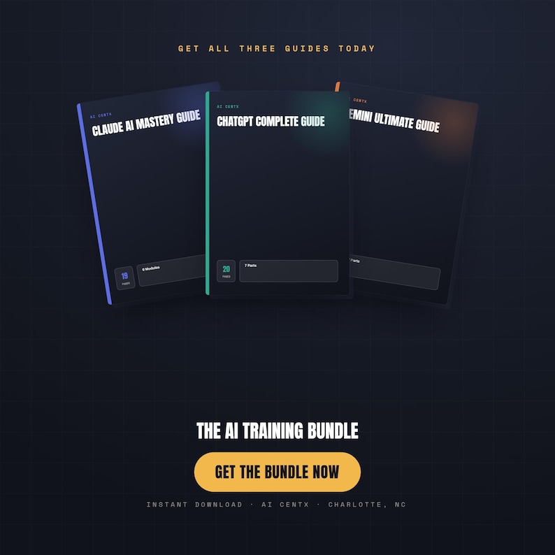 May include: Three digital guide covers titled Claude AI Mastery Guide, ChatGPT Complete Guide, and Gemini Ultimate Guide. Below them, a yellow button displays the text Get The Bundle Now, with the heading The AI Training Bundle above it.