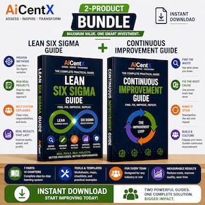 May include: A two-product bundle featuring the Lean Six Sigma Guide and the Continuous Improvement Guide. Both books are dark blue with green and white text, displaying the AiCentX logo, an infinity symbol, and an improvement loop graphic.