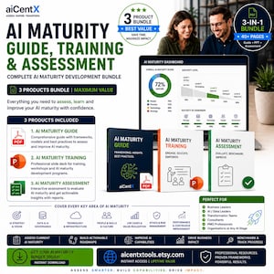 May include: A digital product bundle titled AI Maturity Guide, Training & Assessment by aiCentX. It includes a PDF guide, a PowerPoint training deck, and an assessment tool. The display features a dashboard graphic, icons for key AI areas, and a list of target professional roles for business leaders.