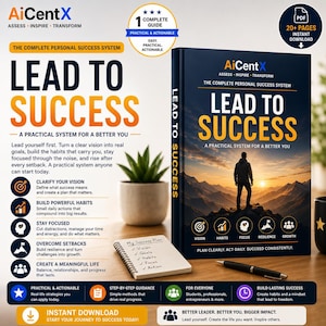 May include: A book titled Lead to Success with a dark blue cover featuring a person standing on a mountain peak at sunset. The cover includes the text AiCentX, The Complete Personal Success System, and icons for vision, habits, focus, resilience, and growth.