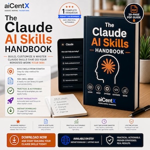 Può includere: Un manuale PDF di 20 pagine intitolato The Claude AI Skills Handbook di aiCentX. La copertina presenta uno sfondo blu scuro con testo bianco e arancione, un'icona di testa stilizzata con un cervello a forma di sole e cinque icone circolari per imparare, costruire, ottimizzare, automatizzare e crescere. Un tablet mostra l'interfaccia di Claude e un blocco note elenca idee di competenze.