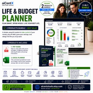 May include: A 2-in-1 digital bundle featuring a Life & Budget Planner PDF guide and an Excel spreadsheet. The display shows a laptop screen with a financial dashboard, including charts for income, expenses, and savings goals, alongside the product covers.