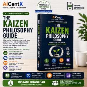 May include: A dark blue book titled The Kaizen Philosophy Guide with green and white text. The cover features a graphic of a small green plant growing from stacked stones inside a circular brushstroke, with Japanese characters for Kaizen.
