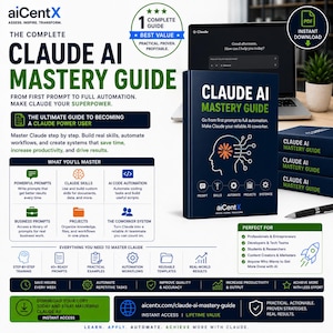 Può includere: Una guida digitale intitolata The Complete Claude AI Mastery Guide di aiCentX. La copertina presenta uno sfondo blu scuro con la sagoma bianca di una testa umana e un grafico a circuito simile a un cervello con testo sull'automazione IA.