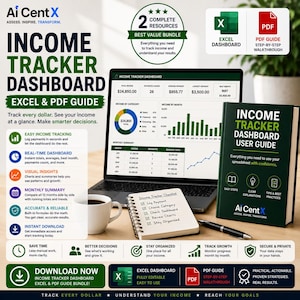 Income Tracker Dashboard | Excel Spreadsheet with Auto Charts plus Setup Guide | Business and Freelance Money Tracker | Google Sheets | book