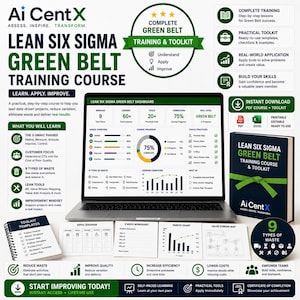 Könnte beinhalten: Ein Lean Six Sigma Green Belt Trainingskurs mit einem Laptop, der ein Dashboard anzeigt, einem Buch mit grünem Band und verschiedenen gedruckten Vorlagen, darunter ein SIPOC-Diagramm, ein 5-Why-Arbeitsblatt, ein Pareto-Diagramm und eine Wertstromanalyse.