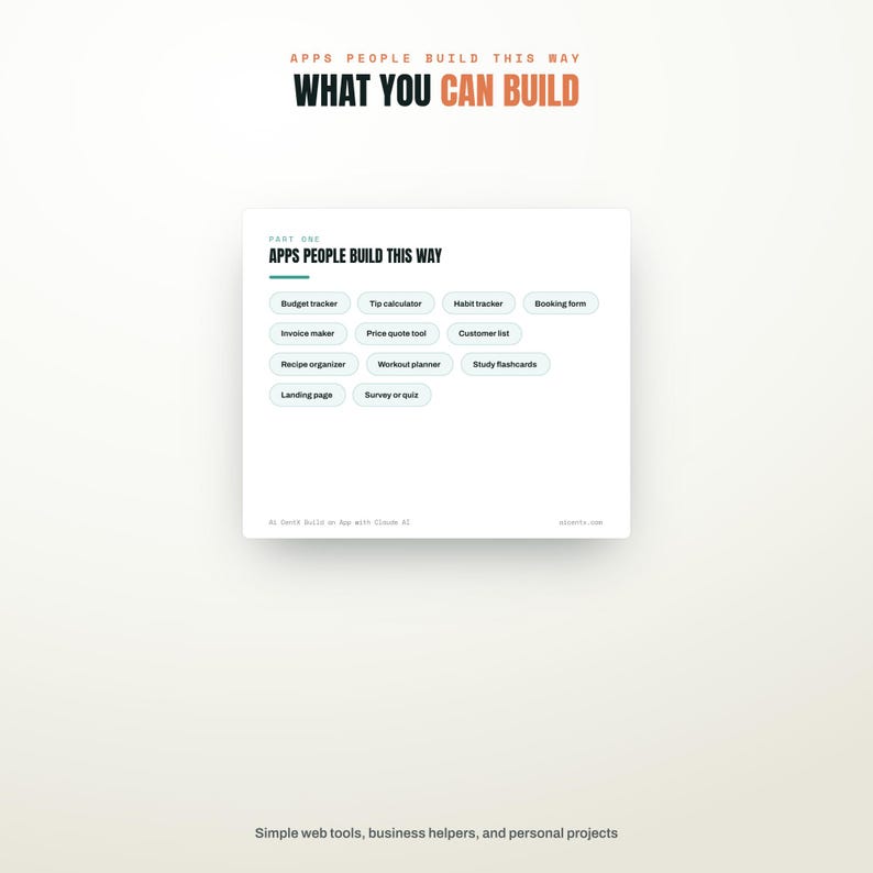 May include: A white rectangular graphic titled APPS PEOPLE BUILD THIS WAY, listing app categories like Budget tracker, Tip calculator, Habit tracker, Booking form, Invoice maker, Price quote tool, Customer list, Recipe organizer, Workout planner, and Study flashcards.
