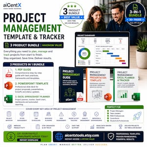 Op de afbeelding: Een 3-in-1 projectmanagementbundel met een PDF-gids, PowerPoint-presentatiesjabloon en Excel-tracker. Het digitale product bevat een projectdashboard, iconen voor beheergebieden en tekst over 36+ pagina's aan inhoud.