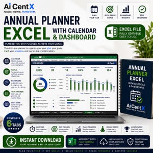 May include: A digital annual planner for Microsoft Excel by Ai CentX displayed on a laptop screen, featuring a dashboard with 2025 goal tracking, monthly progress charts, and task lists. A matching dark blue spiral-bound notebook is positioned nearby.