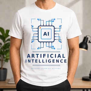 Może przedstawiać: Biały t-shirt z krótkim rękawem z centralną grafiką przedstawiającą niebieską ikonę układu scalonego z literami AI w środku. Pod układem znajduje się napis ARTIFICIAL INTELLIGENCE pogrubionymi niebieskimi literami, a poniżej MACHINE LEARNING SYSTEMS.